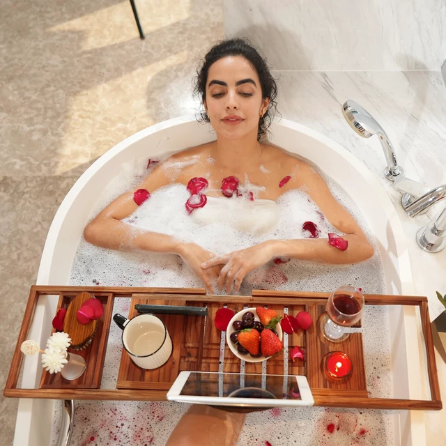 Alt view image 2 of 7 - Teak Bathtub Tray Expandable, Wooden Tub Caddy, Non-Folding | Bathroom Spa Accessories, Housewarming, Anniversary, Wedding & Birthday Gifts, Free Teak Body Brush Included