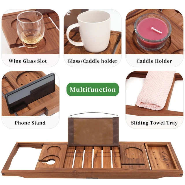 Alt view image 5 of 7 - Teak Bathtub Tray Expandable, Wooden Tub Caddy, Non-Folding | Bathroom Spa Accessories, Housewarming, Anniversary, Wedding & Birthday Gifts, Free Teak Body Brush Included