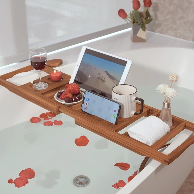 Alt view image 4 of 7 - Teak Bathtub Tray Expandable, Wooden Tub Caddy, Non-Folding | Bathroom Spa Accessories, Housewarming, Anniversary, Wedding & Birthday Gifts, Free Teak Body Brush Included