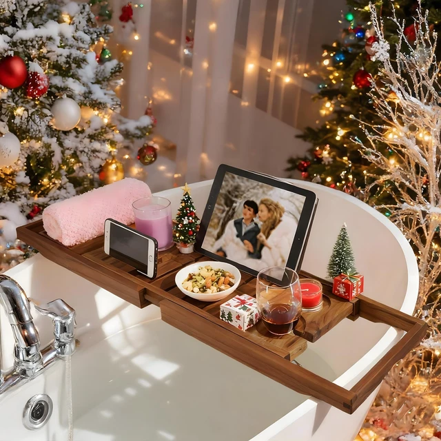 Alt view image 6 of 7 - Teak Bathtub Tray Expandable, Wooden Tub Caddy, Non-Folding | Bathroom Spa Accessories, Housewarming, Anniversary, Wedding & Birthday Gifts, Free Teak Body Brush Included