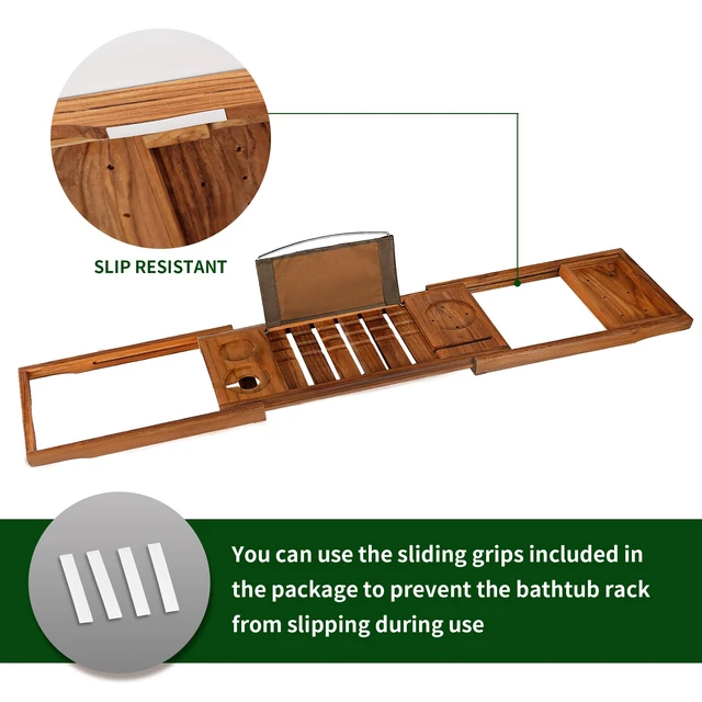 Alt view image 7 of 7 - Teak Bathtub Tray Expandable, Wooden Tub Caddy, Non-Folding | Bathroom Spa Accessories, Housewarming, Anniversary, Wedding & Birthday Gifts, Free Teak Body Brush Included