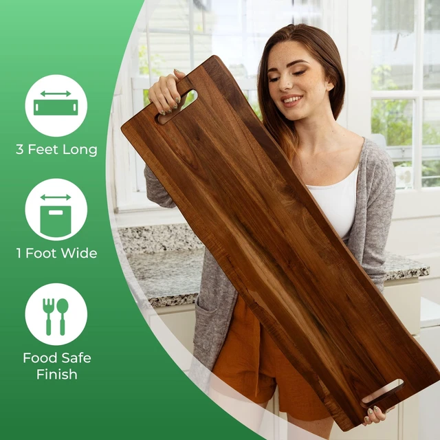 Alt view image 2 of 6 - Large Acacia Serving Board with Handles, 36 x 12 Inch Rectangular Charcuterie Platter, Natural Wood Server for Meat, Cheese Board, and Party Appetizers, Extra Long 3ft