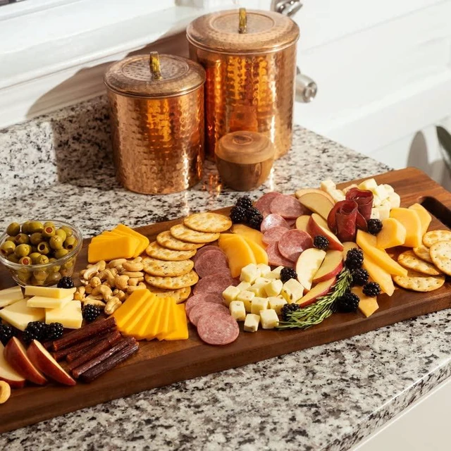 Alt view image 6 of 6 - Large Acacia Serving Board with Handles, 36 x 12 Inch Rectangular Charcuterie Platter, Natural Wood Server for Meat, Cheese Board, and Party Appetizers, Extra Long 3ft