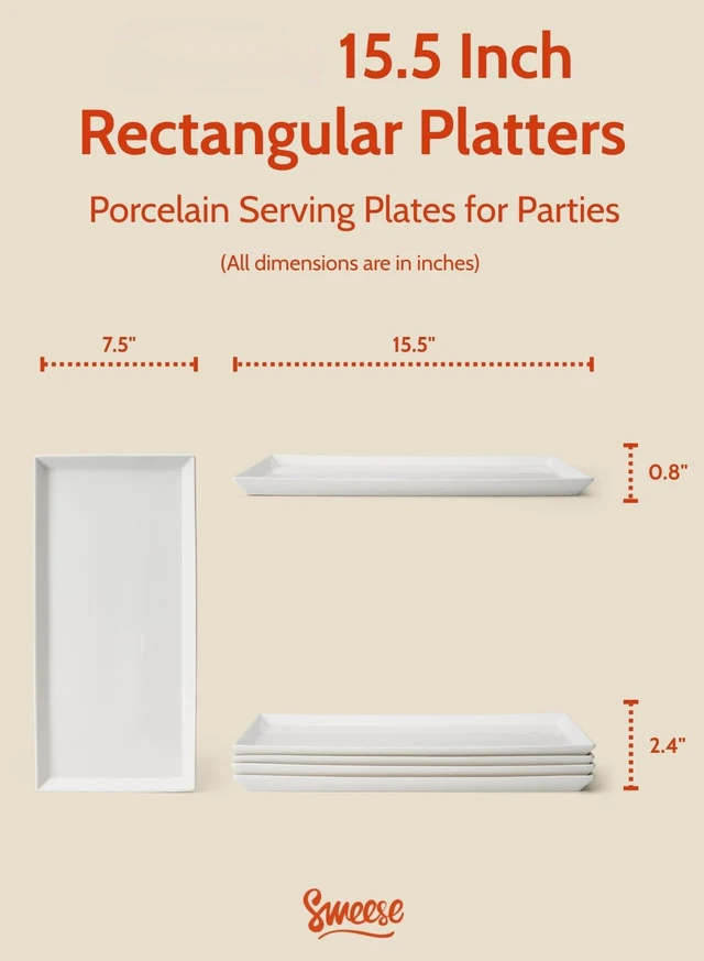 Alt view image 2 of 7 - White Serving Platters, Porcelain Serving Trays for Parties, Large Rectangular Plates - 15.5 Inch, Set of 4