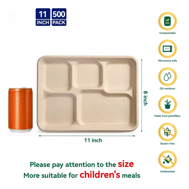 Alt view image 2 of 7 - Compostable 5 Compartment Paper Plates 11*8 Inch 500 Pack Divided Plates | Natural Disposable Heavy Duty Eco-Friendly Biodegradable Food Tray for Party Lunch Dinner Christmas 500 Count (Brown)