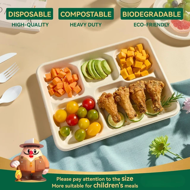 Alt view image 3 of 7 - Compostable 5 Compartment Paper Plates 11*8 Inch 500 Pack Divided Plates | Natural Disposable Heavy Duty Eco-Friendly Biodegradable Food Tray for Party Lunch Dinner Christmas 500 Count (Brown)