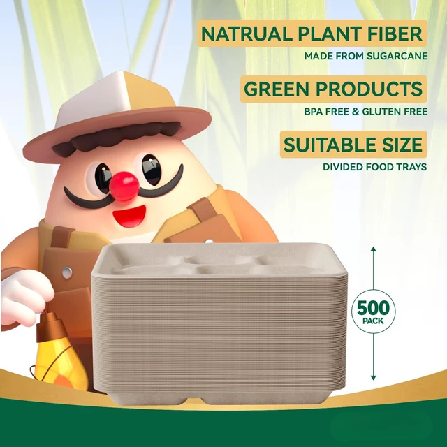Alt view image 5 of 7 - Compostable 5 Compartment Paper Plates 11*8 Inch 500 Pack Divided Plates | Natural Disposable Heavy Duty Eco-Friendly Biodegradable Food Tray for Party Lunch Dinner Christmas 500 Count (Brown)