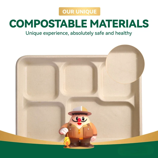 Alt view image 6 of 7 - Compostable 5 Compartment Paper Plates 11*8 Inch 500 Pack Divided Plates | Natural Disposable Heavy Duty Eco-Friendly Biodegradable Food Tray for Party Lunch Dinner Christmas 500 Count (Brown)