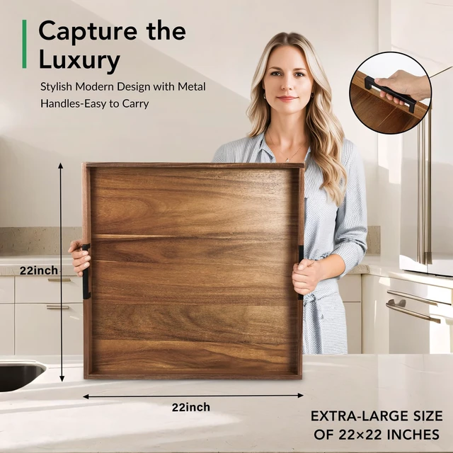 Alt view image 2 of 7 - Large Ottoman Tray for Living Room and Coffee Table, Decorative Acacia Wood Serving Tray with Metal Handles for Breakfast in Bed, Dinner Food Kitchen TV (Natural, 22" x 22" x 2")