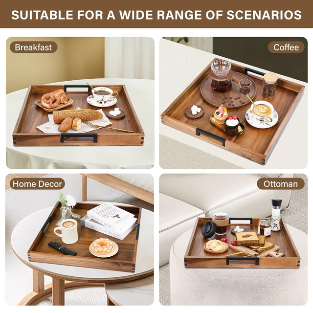 Alt view image 6 of 7 - Large Ottoman Tray for Living Room and Coffee Table, Decorative Acacia Wood Serving Tray with Metal Handles for Breakfast in Bed, Dinner Food Kitchen TV (Natural, 22" x 22" x 2")