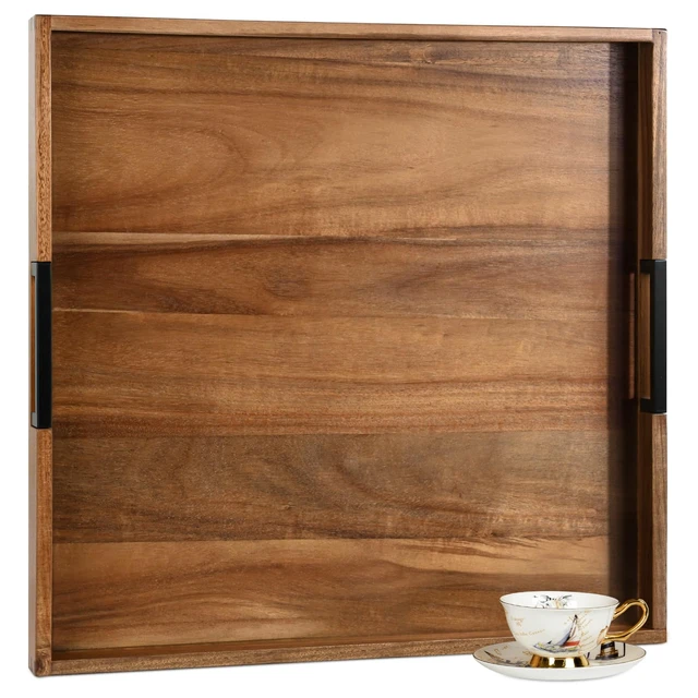 Alt view image 7 of 7 - Large Ottoman Tray for Living Room and Coffee Table, Decorative Acacia Wood Serving Tray with Metal Handles for Breakfast in Bed, Dinner Food Kitchen TV (Natural, 22" x 22" x 2")