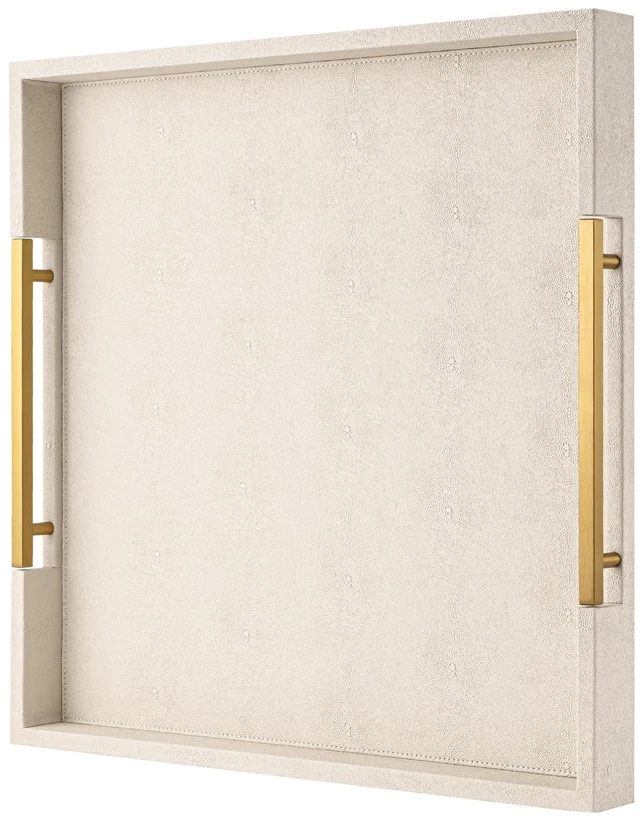 Main image of Beige Faux Leather Serving Tray with Handles Large Decorative Tray for Coffee Table, Ottoman, Living Room, Bathroom Home Decor