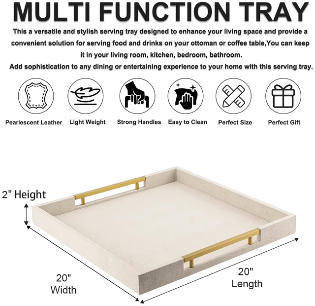 Alt view image 4 of 7 - Beige Faux Leather Serving Tray with Handles Large Decorative Tray for Coffee Table, Ottoman, Living Room, Bathroom Home Decor