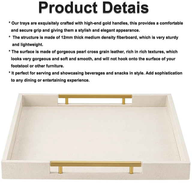 Alt view image 6 of 7 - Beige Faux Leather Serving Tray with Handles Large Decorative Tray for Coffee Table, Ottoman, Living Room, Bathroom Home Decor