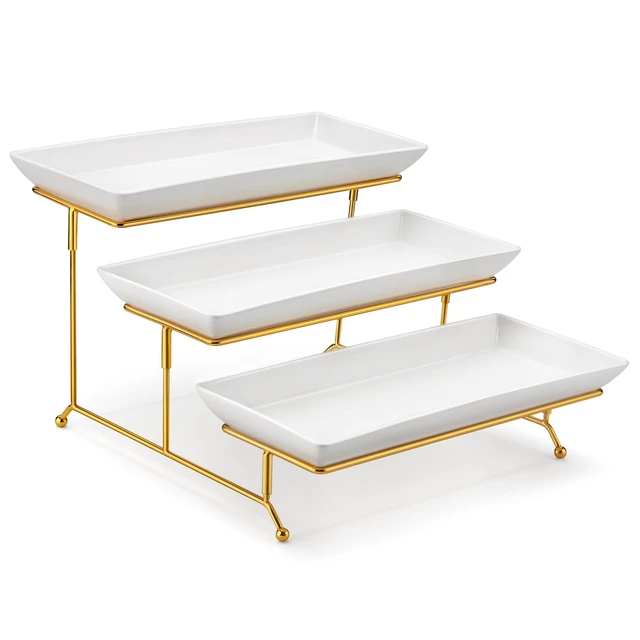 Main image of 3 Tier Serving Trays for Party, 14 Inch Porcelain White Trays for Serving Food, Dessert Stand with Collapsible Gold Metal Rack