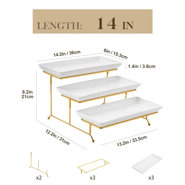 Alt view image 2 of 7 - 3 Tier Serving Trays for Party, 14 Inch Porcelain White Trays for Serving Food, Dessert Stand with Collapsible Gold Metal Rack