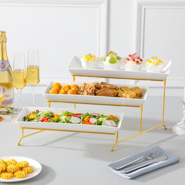 Alt view image 5 of 7 - 3 Tier Serving Trays for Party, 14 Inch Porcelain White Trays for Serving Food, Dessert Stand with Collapsible Gold Metal Rack
