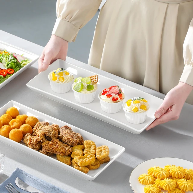 Alt view image 4 of 7 - 3 Tier Serving Trays for Party, 14 Inch Porcelain White Trays for Serving Food, Dessert Stand with Collapsible Gold Metal Rack