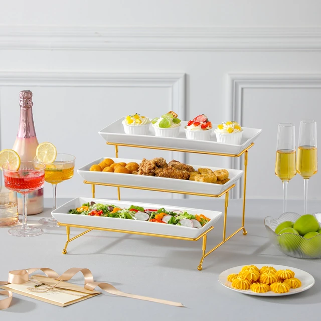 Alt view image 7 of 7 - 3 Tier Serving Trays for Party, 14 Inch Porcelain White Trays for Serving Food, Dessert Stand with Collapsible Gold Metal Rack