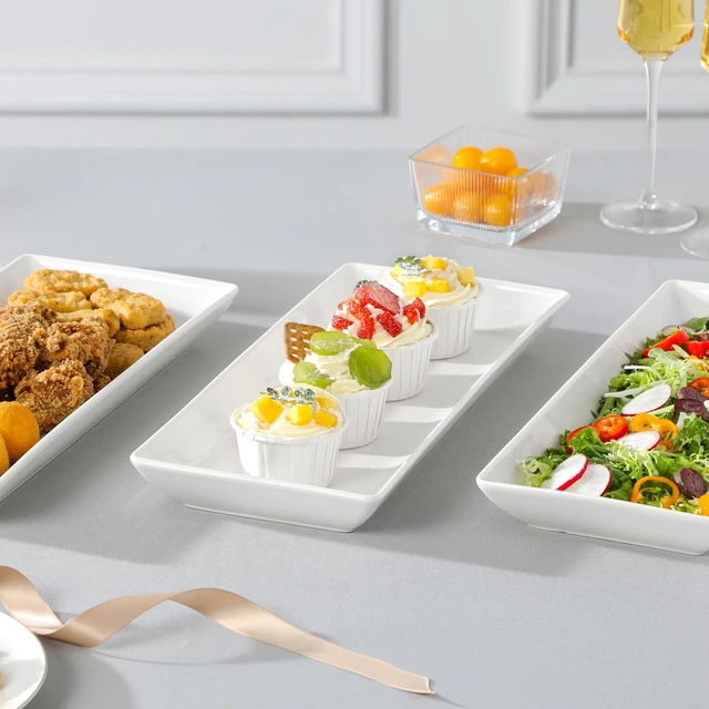 Alt view image 6 of 7 - 3 Tier Serving Trays for Party, 14 Inch Porcelain White Trays for Serving Food, Dessert Stand with Collapsible Gold Metal Rack