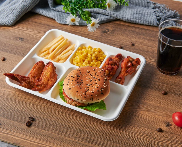 Alt view image 2 of 7 - 500 Pack 5 Compartment Plates, Compostable Plate, 10.2x8.5 inch | Disposable School Lunch Trays, Eco-Friendly Bagasse Plates for School Lunch, Buffet, and Party, Perfect for Kids
