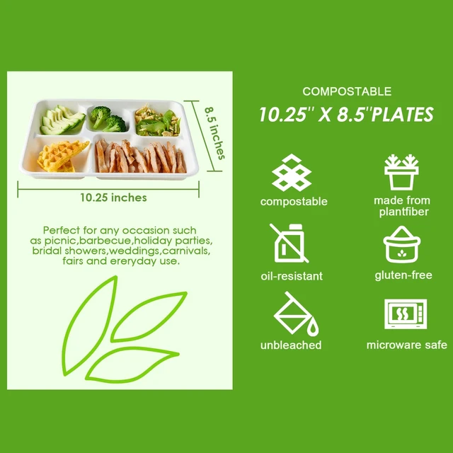 Alt view image 3 of 7 - 500 Pack 5 Compartment Plates, Compostable Plate, 10.2x8.5 inch | Disposable School Lunch Trays, Eco-Friendly Bagasse Plates for School Lunch, Buffet, and Party, Perfect for Kids