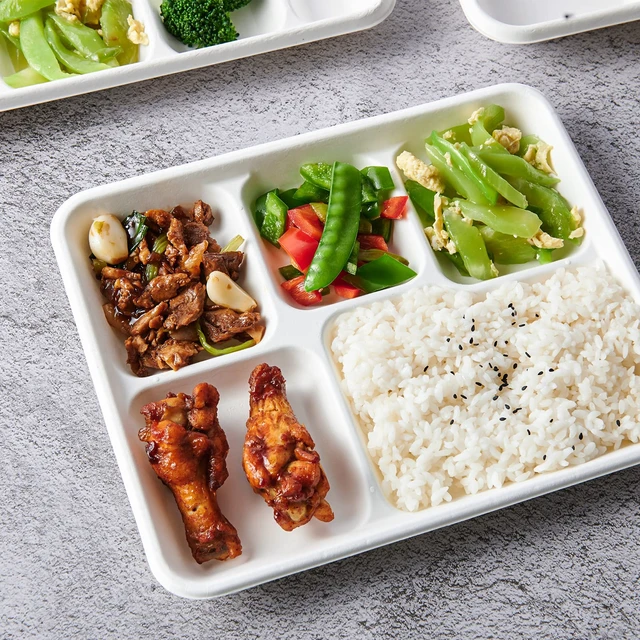 Alt view image 4 of 7 - 500 Pack 5 Compartment Plates, Compostable Plate, 10.2x8.5 inch | Disposable School Lunch Trays, Eco-Friendly Bagasse Plates for School Lunch, Buffet, and Party, Perfect for Kids
