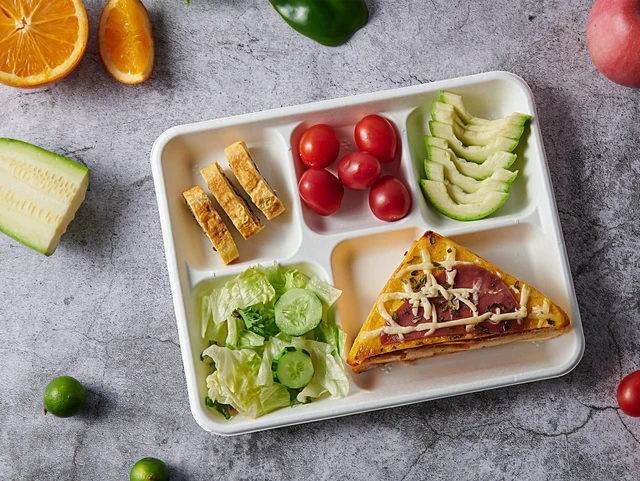 Alt view image 6 of 7 - 500 Pack 5 Compartment Plates, Compostable Plate, 10.2x8.5 inch | Disposable School Lunch Trays, Eco-Friendly Bagasse Plates for School Lunch, Buffet, and Party, Perfect for Kids