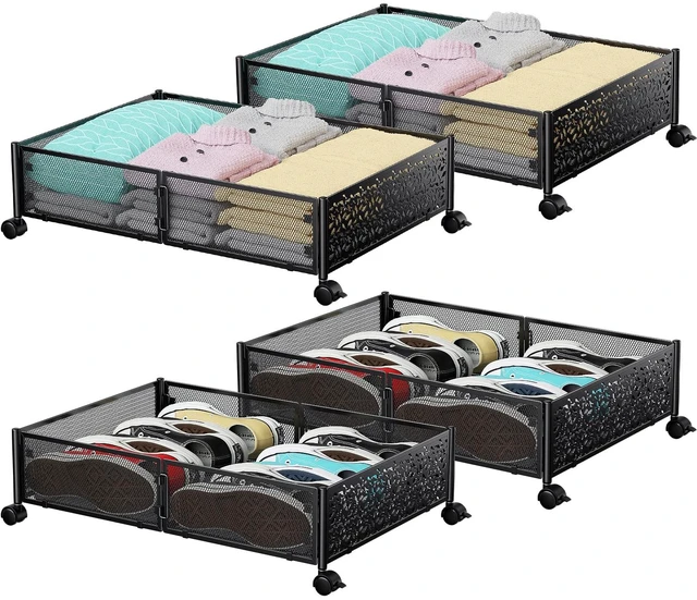 Main image of Under Bed Storage with Wheels,Patterned,Sturdy Metal,4 Pack,Black | Tool-free assembly, glide smoothly, easy reach, foldable, maxmize low-profile beds, dorm, keep seasonal clothes, shoes fresh