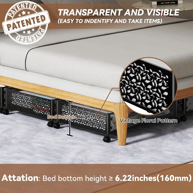 Alt view image 3 of 7 - Under Bed Storage with Wheels,Patterned,Sturdy Metal,4 Pack,Black | Tool-free assembly, glide smoothly, easy reach, foldable, maxmize low-profile beds, dorm, keep seasonal clothes, shoes fresh