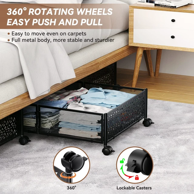 Alt view image 4 of 7 - Under Bed Storage with Wheels,Patterned,Sturdy Metal,4 Pack,Black | Tool-free assembly, glide smoothly, easy reach, foldable, maxmize low-profile beds, dorm, keep seasonal clothes, shoes fresh