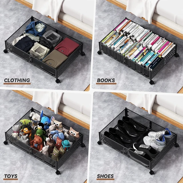 Alt view image 5 of 7 - Under Bed Storage with Wheels,Patterned,Sturdy Metal,4 Pack,Black | Tool-free assembly, glide smoothly, easy reach, foldable, maxmize low-profile beds, dorm, keep seasonal clothes, shoes fresh