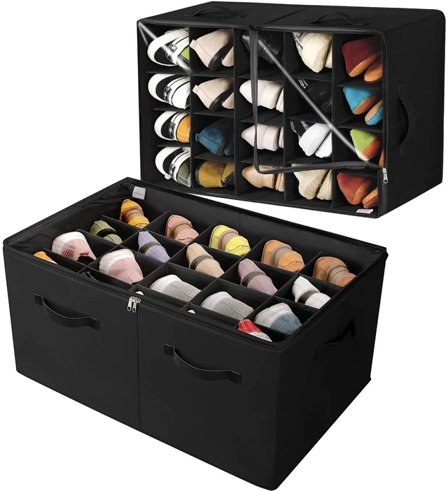 Main image of Shoe Organizer for Closet 2 Pack, Foldable Shoe Box with Adjustable Divider and Clear Cover, Space Saving Shoe Storage Organizer Cabinet with Reinforced Handles, Fits 40 Pair, Black, TP11B