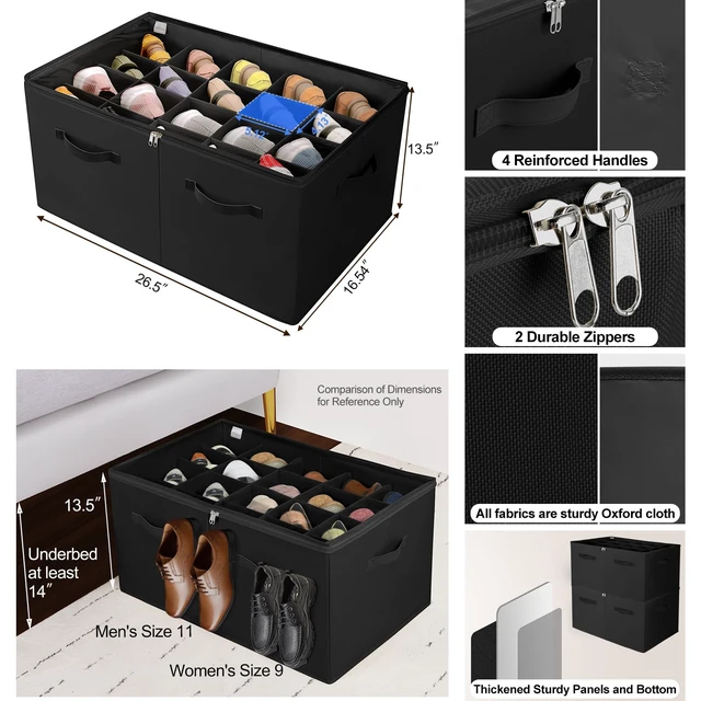 Alt view image 3 of 7 - Shoe Organizer for Closet 2 Pack, Foldable Shoe Box with Adjustable Divider and Clear Cover, Space Saving Shoe Storage Organizer Cabinet with Reinforced Handles, Fits 40 Pair, Black, TP11B