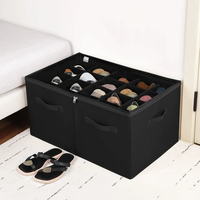 Alt view image 5 of 7 - Shoe Organizer for Closet 2 Pack, Foldable Shoe Box with Adjustable Divider and Clear Cover, Space Saving Shoe Storage Organizer Cabinet with Reinforced Handles, Fits 40 Pair, Black, TP11B