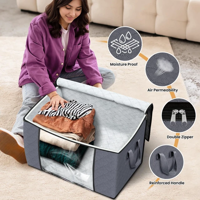 Alt view image 4 of 5 - 90L Clothes Storage, Foldable Thick Fabric Blanket Storage Bags | Foldable Containers with Zippers,Window and Handles for Organizing Bedroom, Closet, Comforter, Bedding,Dorm essentials
