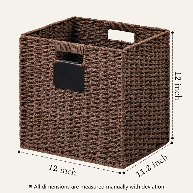 Alt view image 2 of 7 - 4 Pack Wicker Basket, 12×12 Storage Cubes with Label, Foldable Cube Storage Bin with Handle, Square Storage Basket for Shelves, Woven Paper Rope Basket for Organizing, Brown
