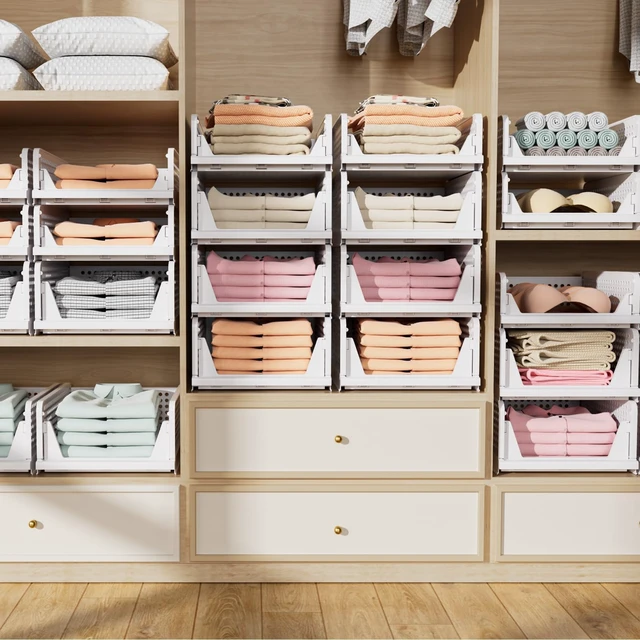 Alt view image 2 of 7 - 5 Pack Folding Closet Organizers Storage Box, Stackable Storage Bins, Plastic Drawer Basket Closet Storage for Wardrobe Cupboard Kitchen Bathroom Office White-5L