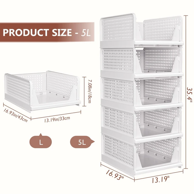 Alt view image 3 of 7 - 5 Pack Folding Closet Organizers Storage Box, Stackable Storage Bins, Plastic Drawer Basket Closet Storage for Wardrobe Cupboard Kitchen Bathroom Office White-5L