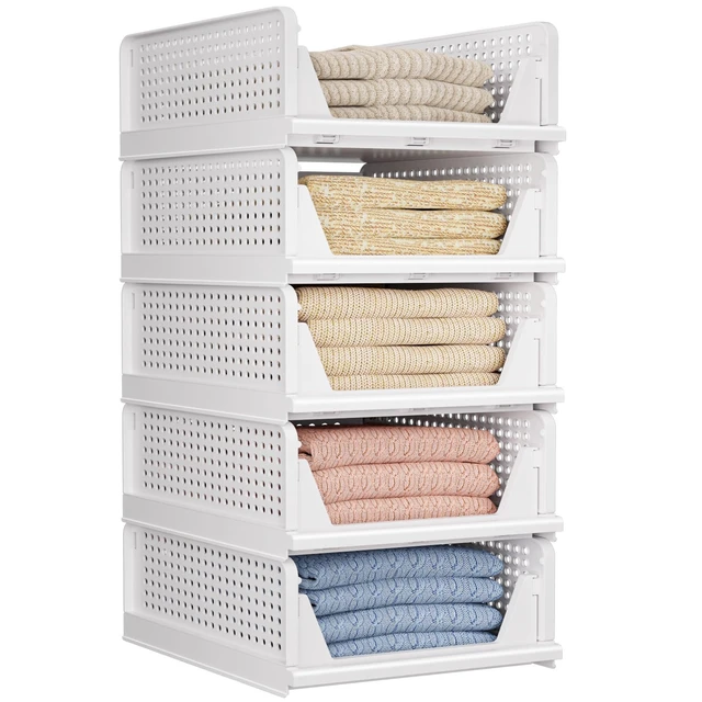 Alt view image 4 of 7 - 5 Pack Folding Closet Organizers Storage Box, Stackable Storage Bins, Plastic Drawer Basket Closet Storage for Wardrobe Cupboard Kitchen Bathroom Office White-5L