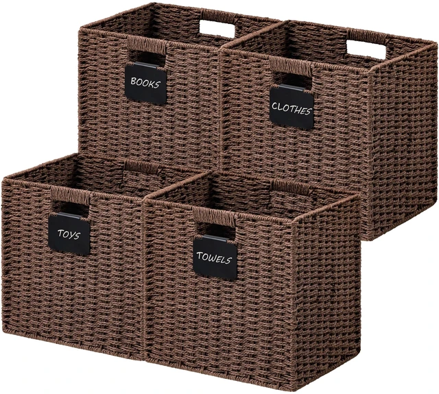 Main image of 4 Pack Wicker Basket, 12×12 Storage Cubes with Label, Foldable Cube Storage Bin with Handle, Square Storage Basket for Shelves, Woven Paper Rope Basket for Organizing, Brown