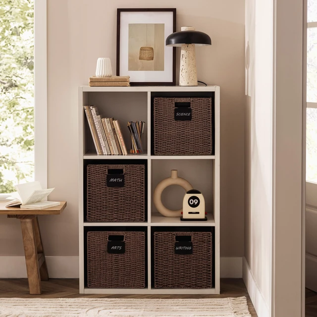 Alt view image 5 of 7 - 4 Pack Wicker Basket, 12×12 Storage Cubes with Label, Foldable Cube Storage Bin with Handle, Square Storage Basket for Shelves, Woven Paper Rope Basket for Organizing, Brown