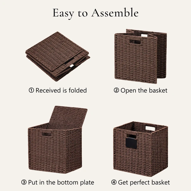 Alt view image 7 of 7 - 4 Pack Wicker Basket, 12×12 Storage Cubes with Label, Foldable Cube Storage Bin with Handle, Square Storage Basket for Shelves, Woven Paper Rope Basket for Organizing, Brown
