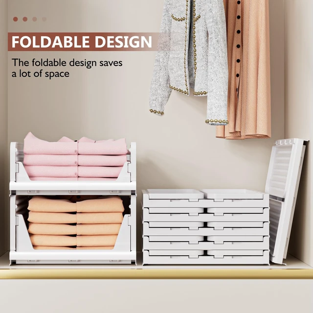 Alt view image 5 of 7 - 5 Pack Folding Closet Organizers Storage Box, Stackable Storage Bins, Plastic Drawer Basket Closet Storage for Wardrobe Cupboard Kitchen Bathroom Office White-5L