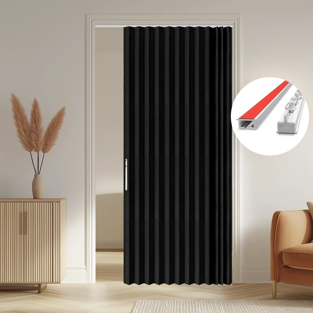 Main image of 100% Blackout Accordion Door Front Door Curtain Invisible Folding Doors Interior for Bedroom Living Room Doorway Curtain Sets with Tracks (1 Pack, 53W x 79 L, Black)