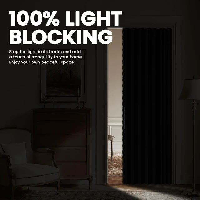 Alt view image 3 of 7 - 100% Blackout Accordion Door Front Door Curtain Invisible Folding Doors Interior for Bedroom Living Room Doorway Curtain Sets with Tracks (1 Pack, 53W x 79 L, Black)