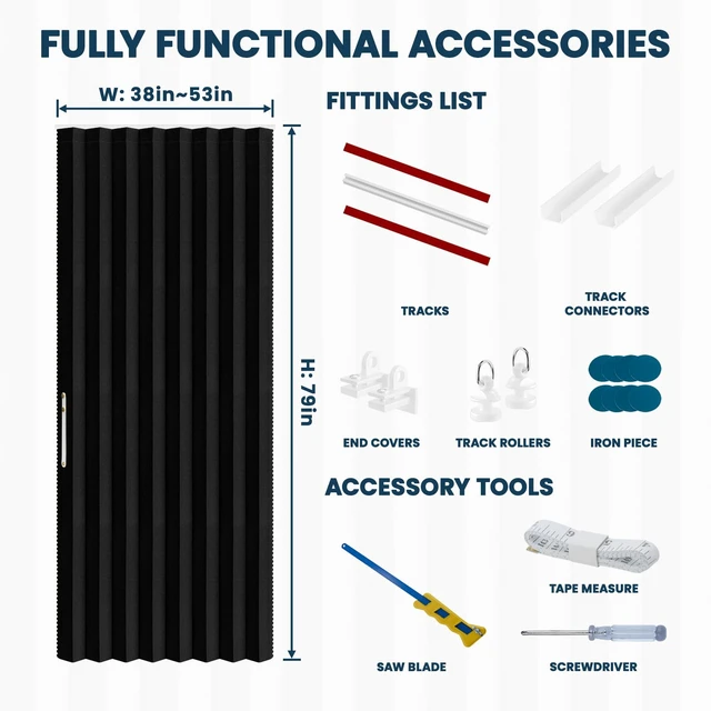 Alt view image 4 of 7 - 100% Blackout Accordion Door Front Door Curtain Invisible Folding Doors Interior for Bedroom Living Room Doorway Curtain Sets with Tracks (1 Pack, 53W x 79 L, Black)