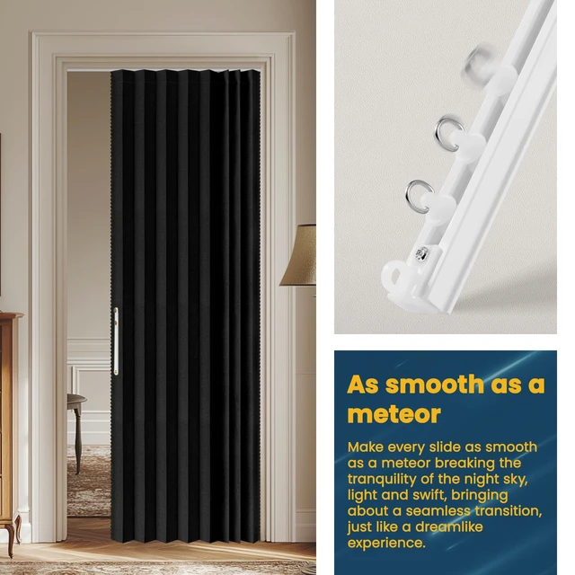 Alt view image 6 of 7 - 100% Blackout Accordion Door Front Door Curtain Invisible Folding Doors Interior for Bedroom Living Room Doorway Curtain Sets with Tracks (1 Pack, 53W x 79 L, Black)