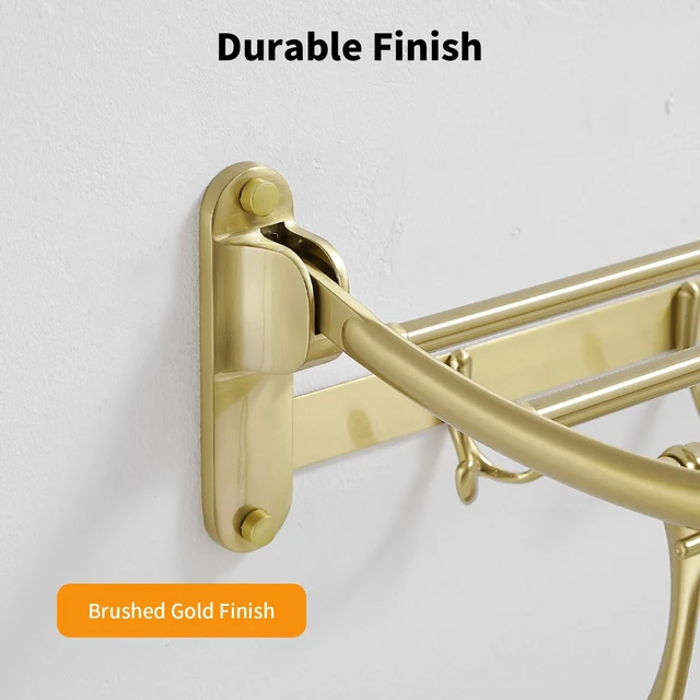 Alt view image 3 of 7 - Towel Racks with Foldable Towel Bar Hooks, Wall Mounted Brushed Gold | 24 Inch Bathroom Towel Shelf Holder, Multifunctional Storage Bathroom Accessories, Double Towel Bars, Rust-resistant Metal