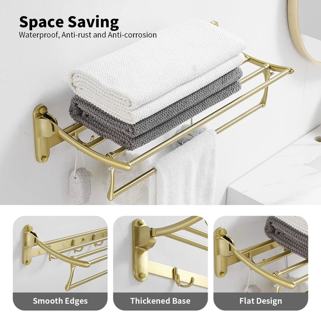 Alt view image 2 of 7 - Towel Racks with Foldable Towel Bar Hooks, Wall Mounted Brushed Gold | 24 Inch Bathroom Towel Shelf Holder, Multifunctional Storage Bathroom Accessories, Double Towel Bars, Rust-resistant Metal